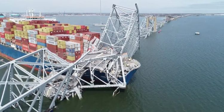 The Singapore-flagged container vessel named Dali, heading out of Baltimore Harbor bound for Sri Lanka, lost power and plowed into the Francis Scott Key Bridge at about 1.30am on Tuesday. Six workers were killed. Source: REUTERS