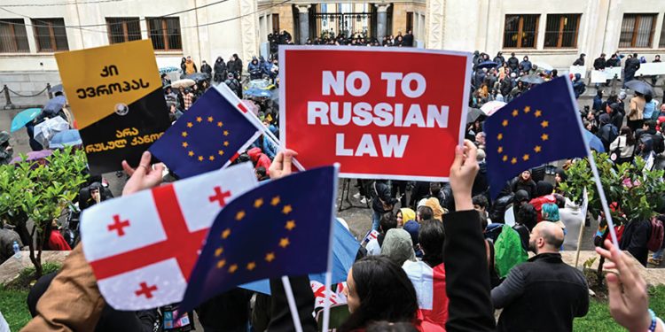 Monday's protest at the reintroduction of the "Russian Law" bill. Photo by Vano Shlamov/AFP via Getty Images