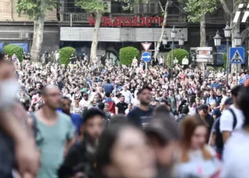 Clashes between protesters and police officers at anti-Russian law rally