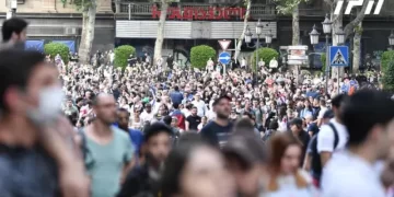 Clashes between protesters and police officers at anti-Russian law rally