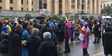 Protesters against “Russian Law” block Rustaveli Avenue