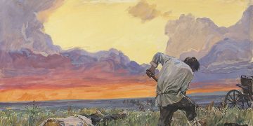 Illustration to “How Much Land Does a Man Need?” by Leo Tolstoy. ‘Pahom’s Death’. Painting by Plastov Arkady, 1952. Watercolour on paper. 64 × 87 cm