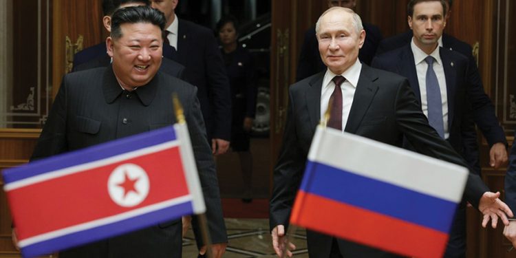 Russian President Vladimir Putin and North Korean leader Kim Jong Un. Source: Gavriil Grigorov/Sputnik, Kremlin Pool via AP Photo