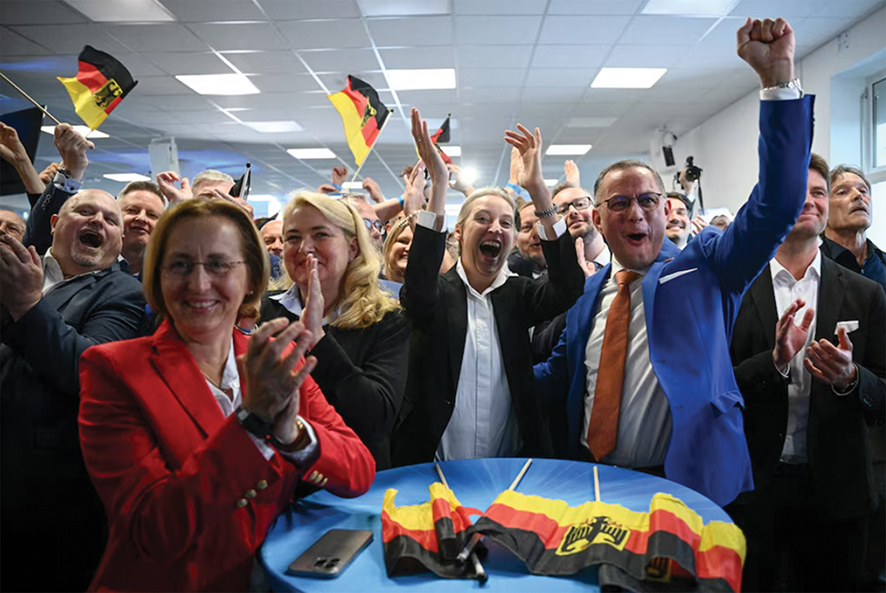 Alternative for Germany (AfD) party co-leaders Alice Weidel and Tino Chrupalla react to results after the polls closed in the European Parliament elections, in Berlin on June 9. Source: REUTERS/Annegret Hilse