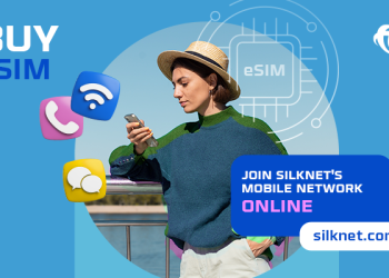 Woman using a mobile phone with text telling users to join the best mobile network in Georgia, showing the convenience of buying an eSIM online