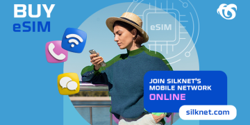 Woman using a mobile phone with text telling users to join the best mobile network in Georgia, showing the convenience of buying an eSIM online