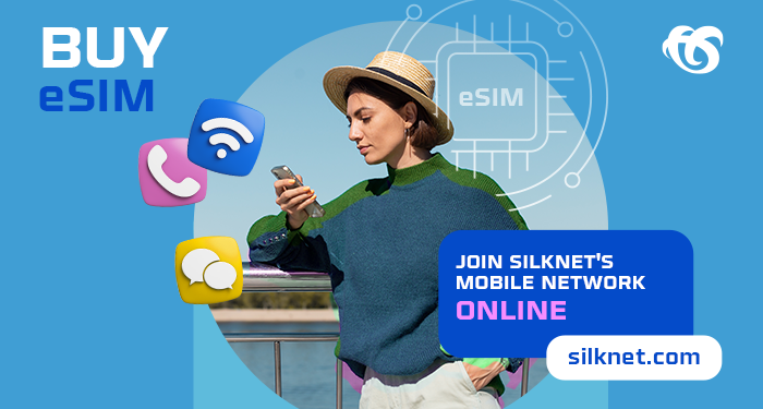 Woman using a mobile phone with text telling users to join the best mobile network in Georgia, showing the convenience of buying an eSIM online