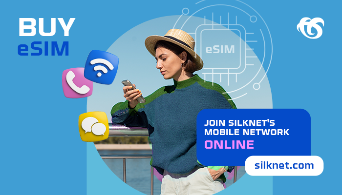 Woman using a mobile phone with text telling users to join the best mobile network in Georgia, showing the convenience of buying an eSIM online