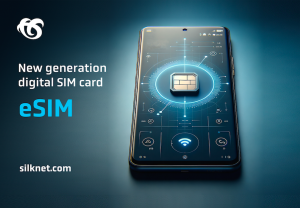 Smartphone showing a digital eSIM card with futuristic interface graphics, promoting Silknet's new generation eSIM