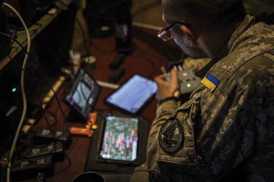 A soldier from the 110th Territorial Defense Brigade controls a drone for surveillance. Photo by Alex Chan Tsz Yuk / SOPA Images/Sipa USA