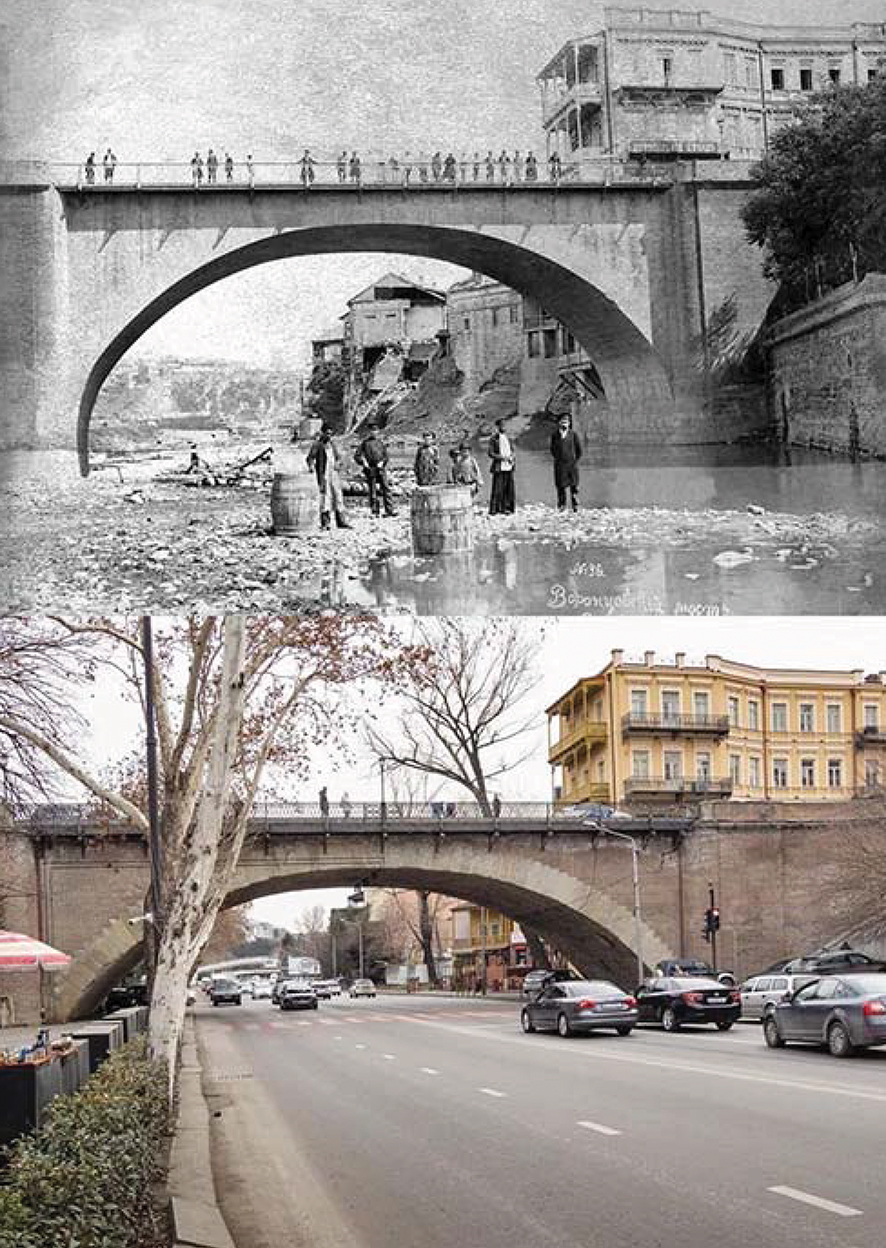 A comparative view of the Dry Bridge in the late 19th century and today. Note how much shorter the bridge has become due to the raising of the embankment