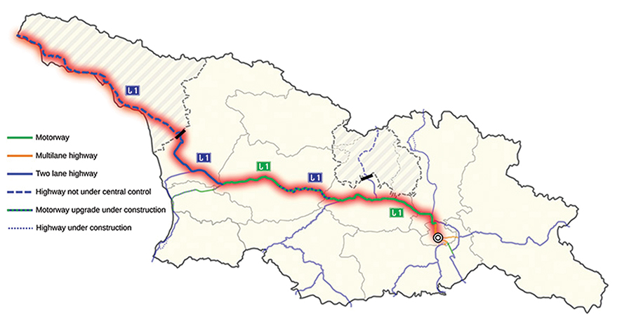 The east-west S1 route (also known as the Tbilisi-Senaki-Leselidze Highway)