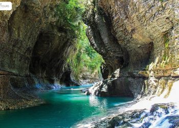 The blue waters and high walls of the Martvili Canyon. Source: beqatours.com