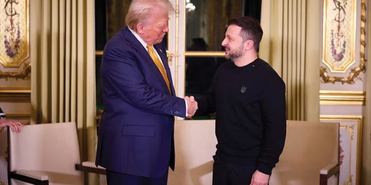 Donald Trump meets Ukraine president Volodymyr Zelenskyy in Paris. Source: Ukrainian PresidencyZUMA Press Wire/dpa