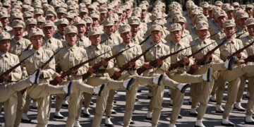 North Korean soldiers march in Pyongyang, North Korea, 2018. Photo for illustrative purposes, by Ed Jones/AFP/Getty Images