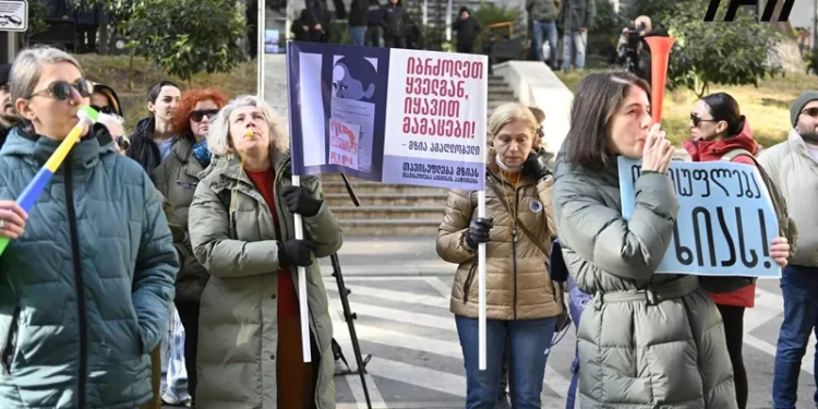 Media representatives rally outside Parliament in support of Mzia Amaglobeli