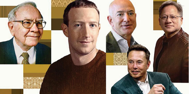 Billionaires- Warren Buffett, Mark Zuckerberg, Jeff Bezos, Elon Musk, Jensen Huang. Illustration by Yunjia Yuan and Stephanie Cui for Forbes