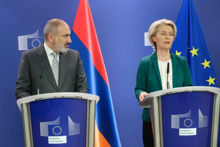 Armenian Prime Minister Nikol Pashinyan (L) and European Commission President Ursula von der Leyen (R) talk to media in the Berlaymont, the EU Commission headquarters on April 5, 2024, in Brussels, Belgium. (Thierry Monasse/Getty Images)