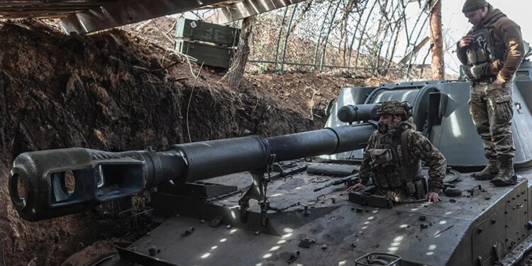 Ukrainian soldier exits the cabin of the DS3 artillery as the Russia-Ukraine war continues, in the direction of Niu York in Donetsk Oblast, Ukraine, on 5 March 2025. Photo by Diego Herrera Carcedo/Anadolu via Getty Images