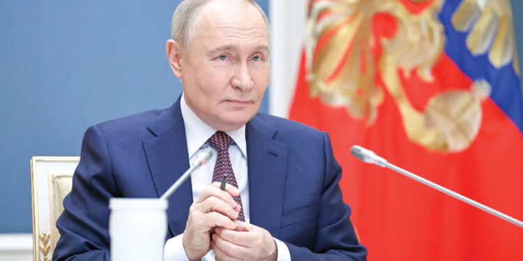 Putin holds a videoconference meeting with members of the all-Russian public organization "Delovaya Rossiya", a union of entrepreneurs, in Moscow on May 13. Photo by Alexander Kazakov / Pool / AFP