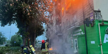 Firefighters attempt to extinguish a fire caused by falling Russian drone debris on May 7, 2025. Source: Ukraine's State Emergency Service/Telegram