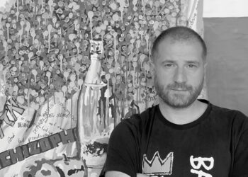 Photo: Gagosh posing in front of his recent piece, Still Life.