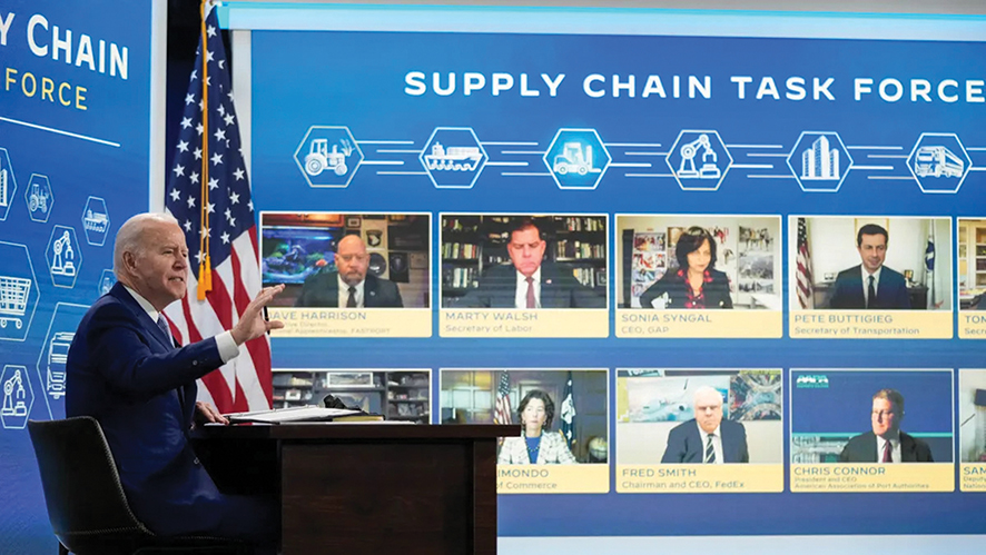 Former US President Joe Biden reacts to questions during a Supply Chain Disruptions Task Force meeting, 2021. Photo by Drew Angerer via Getty Images