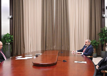 Presidents Putin, Pashinyan and Ilham Aliyev. Source: president.az