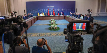 Turkish Foreign Minister Hakan Fidan chairs the third round of renewed Russia-Ukraine talks in Istanbul, Turkiye on July 23, 2025. Source: Turkish Foreign Ministry / Handout /Anadolu via Getty Images