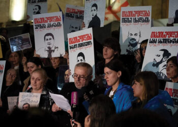 Family members of detained protesters make statements during a demonstration in April. Photo: Mariam Nikuradze/OC Media