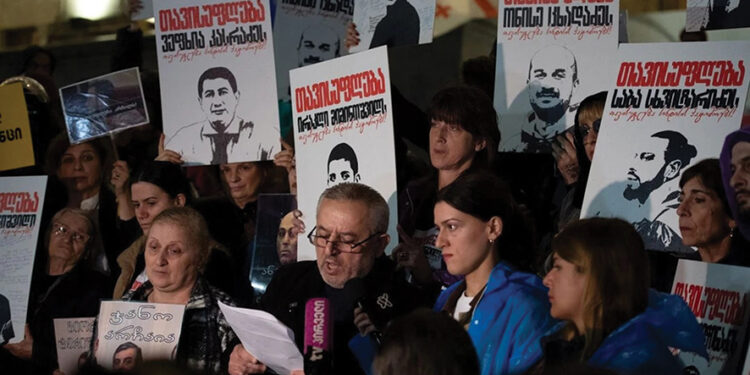 Family members of detained protesters make statements during a demonstration in April. Photo: Mariam Nikuradze/OC Media