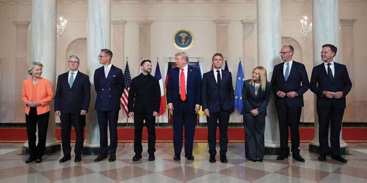European leaders listen to Trump in the Oval Office on Monday. Source: REUTERS