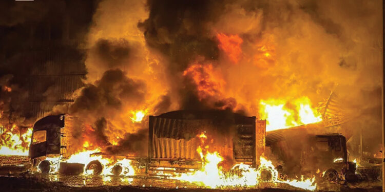 A fire at the site of a drone attack in the Odesa region of Ukraine, October 9. Source: Ukrainian Emergency Services via AFP