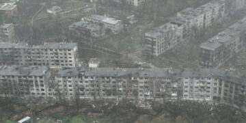 Drone footage shows the heavily-bombed city of Myrnohrad as Russian forces nearly encircle it. Video grab