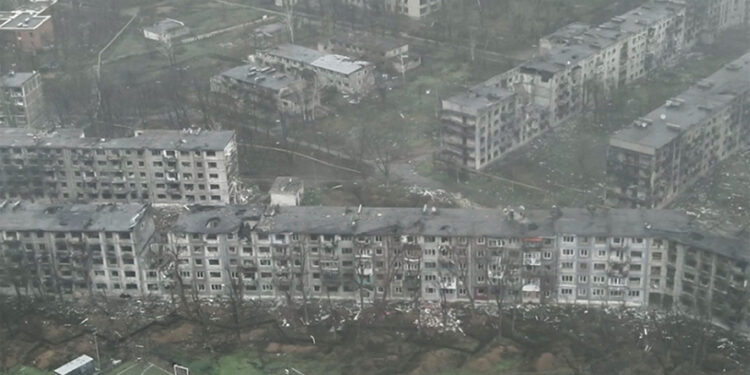Drone footage shows the heavily-bombed city of Myrnohrad as Russian forces nearly encircle it. Video grab
