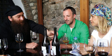 The author at a wine-tasting at Alaverdi Monastery