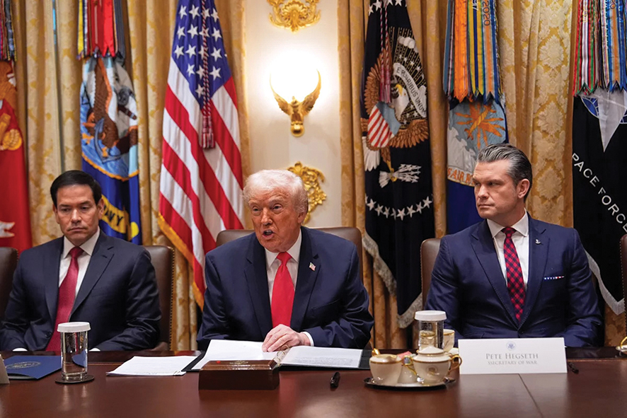 President Trump speaks during a Cabinet meeting at the White House, as Secretary of State Marco Rubio (left) and Defense Secretary Pete Hegseth look on. Source: AP/Julia Demaree Nikhinson
