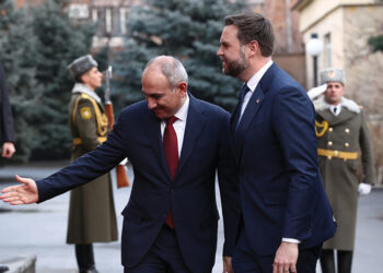 Armenia's Prime Minister Nikol Pashinyan welcomes US Vice President JD Vance in Yerevan on February 9. Photo by Kevin Lamarque, AP