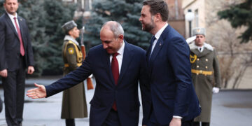 Armenia's Prime Minister Nikol Pashinyan welcomes US Vice President JD Vance in Yerevan on February 9. Photo by Kevin Lamarque, AP