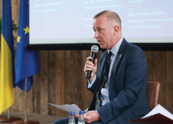 UK Ambassador Gareth Ward speaking at the Ukraine anniversary event on Tuesday. Source: British Embassy Tbilisi