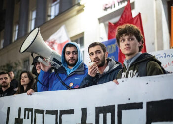 Students protesting at Ilia State University (ISU) following the Education Minister’s announcement. Photo: Mariam Nikuradze/OC Media