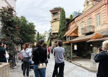 Tourists at the Gabriadze Theater Clock Tower. Source: visitgeorgia