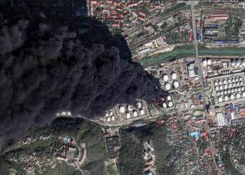A satellite image shows smoke following drone attacks on a Russian oil facility in the Black Sea port of Tuapse, Russia, on April 16. Source: Vantor/Reuters