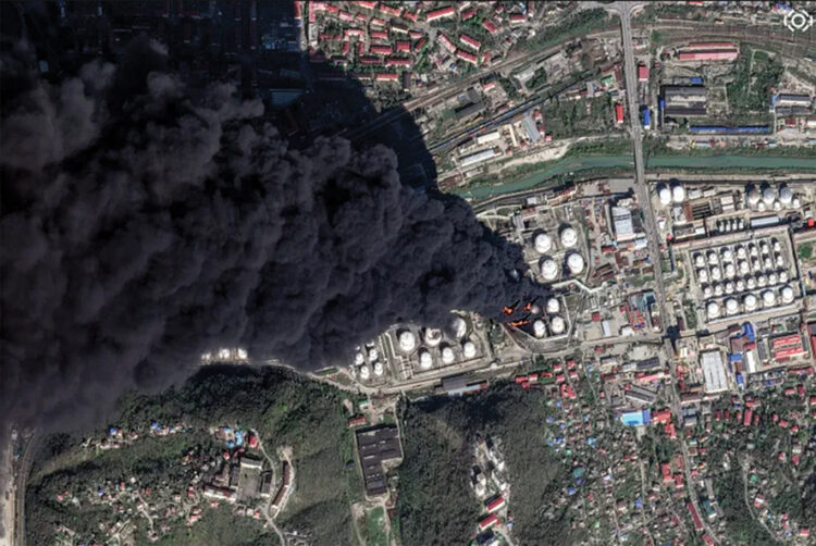 A satellite image shows smoke following drone attacks on a Russian oil facility in the Black Sea port of Tuapse, Russia, on April 16. Source: Vantor/Reuters