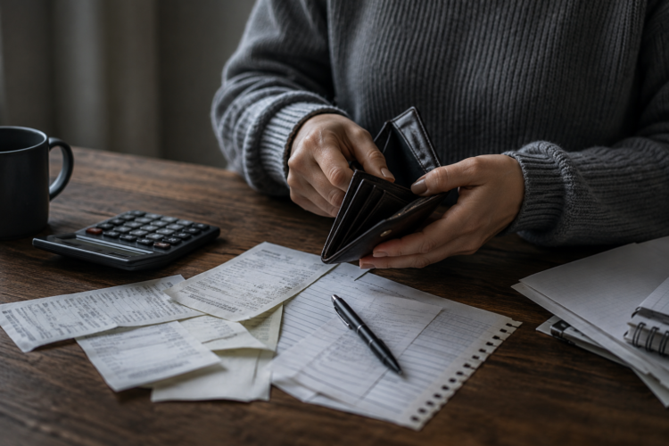 A close-up of hands opening an empty wallet surrounded by receipts. Photo: AI
