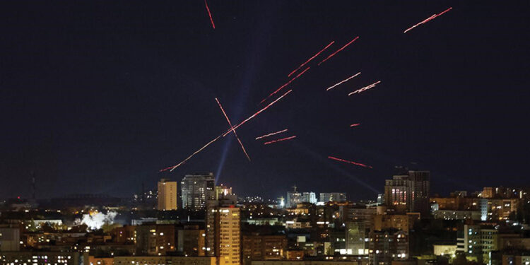 Tracers and searchlights over Kyiv during a Russian drone attack. Source: REUTERS