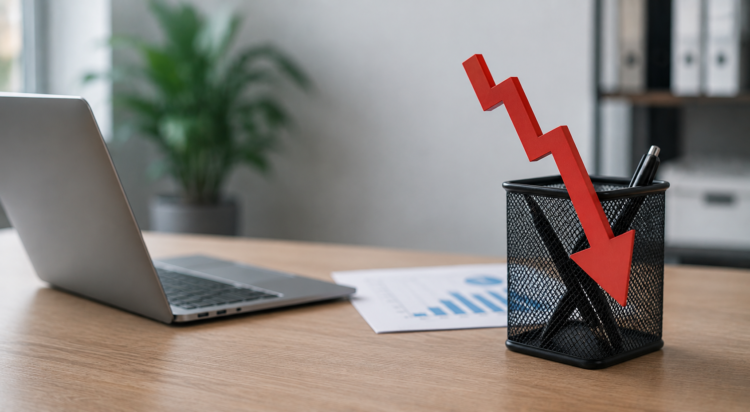 Office desk with a laptop, a printed bar chart, and a black mesh pen holder. Photo: AI